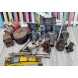 Six cast iron rain hoppers, two brass and wood bar hand pumps, three warning lamps and other