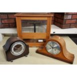 A Reynold & Branston laboratory scales, together with two manual wind mantle clocks