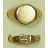 A 9ct gold signet ring, R and another ring, 8gm
