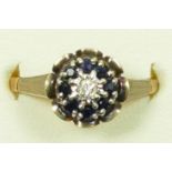 A 9ct gold sapphire and diamond cluster ring, P, 3.1gm
