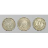 Three USA silver dollar coins, 1888, 1921 and 1924, 79.7gm