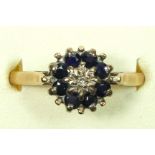 A 9ct gold sapphire and diamond cluster ring, R, 2.4gm