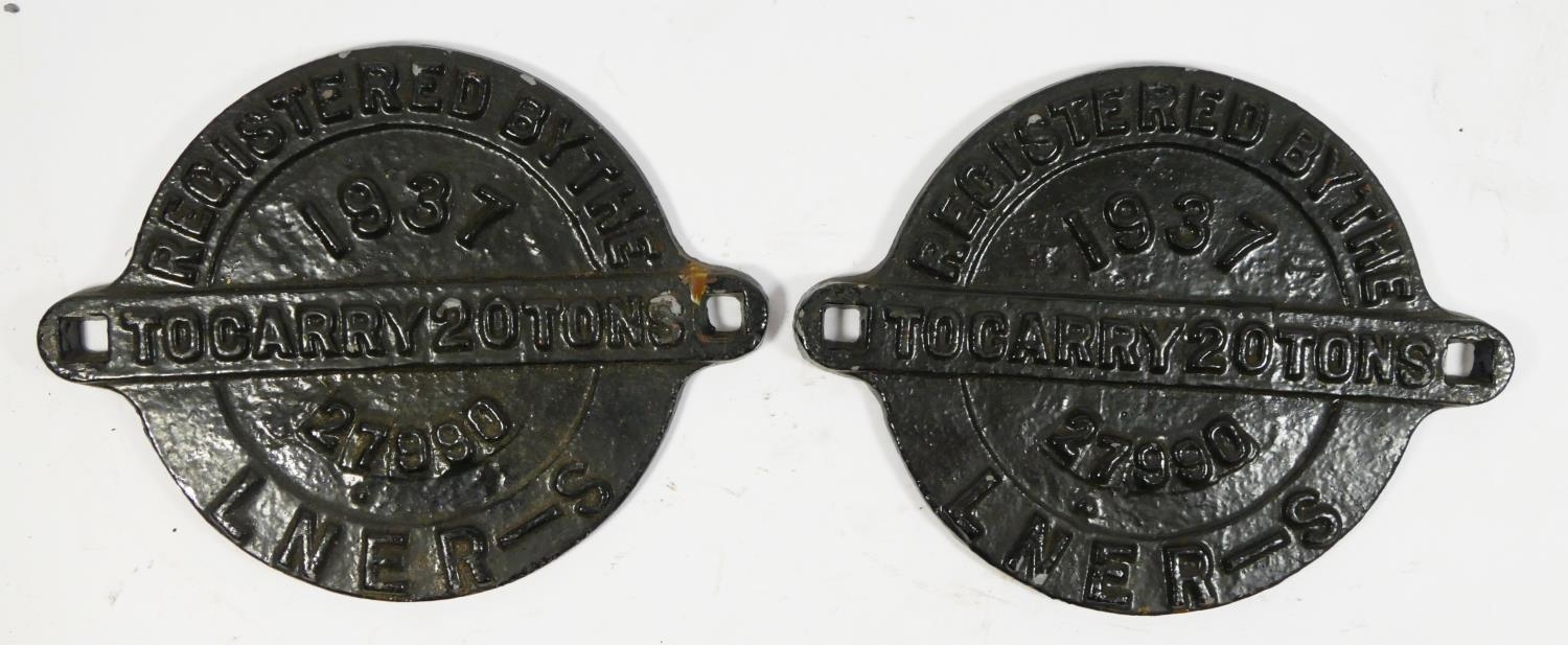 Two round cast iron railway wagon plates, LNER 1937, 20T, 27990. From same wagon, 23 x 17cm. (2)