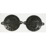 Two round cast iron railway wagon plates, LNER 1937, 20T, 27990. From same wagon, 23 x 17cm. (2)