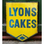 Lyons Cakes, a double sided wall mounted vitreous enamel advertising sign, 40 x 30cm.