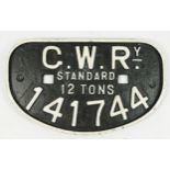 A cast iron 'D' railway wagon plate, GWR 12T, 141744. 28 x 17cm.