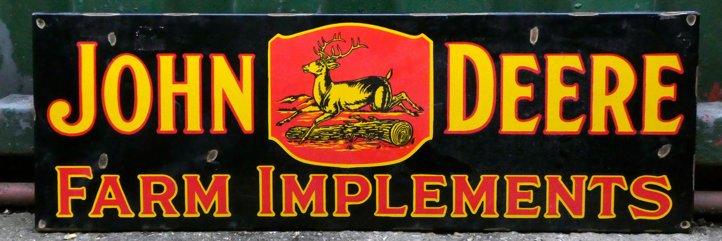 A reproduction enamel single sided sign, John Deere Farming Implements, 90cm x 30cm