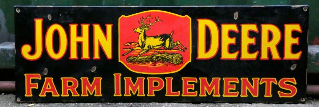 A reproduction enamel single sided sign, John Deere Farming Implements, 90cm x 30cm