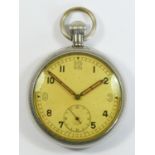 A British nickel plated Military keyless wind pocket watch, the case stamped 6E/50 over A30120, 15