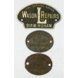 Two oval cast iron railway 'Gen. Repaired' plates, LMS Bromsgrove 1940 and BR (M) 1966, 12 x 10cm.