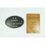 Oval cast iron railway coach builders plate, BR Derby 1954, 17 x 12cm with a 1969 BR booklet, '