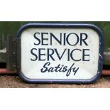 A metal double sided sign, Senior Service Satisfy, 54cm x 34cm