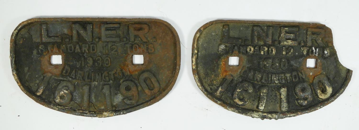 Two cast iron 'D' railway wagon plates both LNER Darlington 1939, 12T 161190, both from same