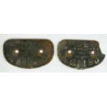 Two cast iron 'D' railway wagon plates both LNER Darlington 1939, 12T 161190, both from same