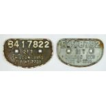 Two cast iron 'D' railway wagon plates, both Shildon 1955, 21T B417822 and B418792. 27 x 16cm (2)