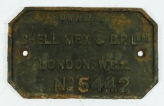 A cast iron railway wagon owners plate, Shell Mex & BP Ltd, London. (No 5442) 23 x 14cm.