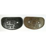 Two cast iron 'D' railway wagon plates, Shildon 1971 46T, 361904 and Shildon 1977 46T, 360888. 28