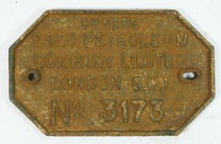 A cast iron railway wagon owners plate, Esso Petroleum & Co Ltd, London. (No 3173) 23 x 14cm