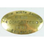 Oval brass replica locomotive works plate, London North Eastern Railway Co., No. 1853 Doncaster