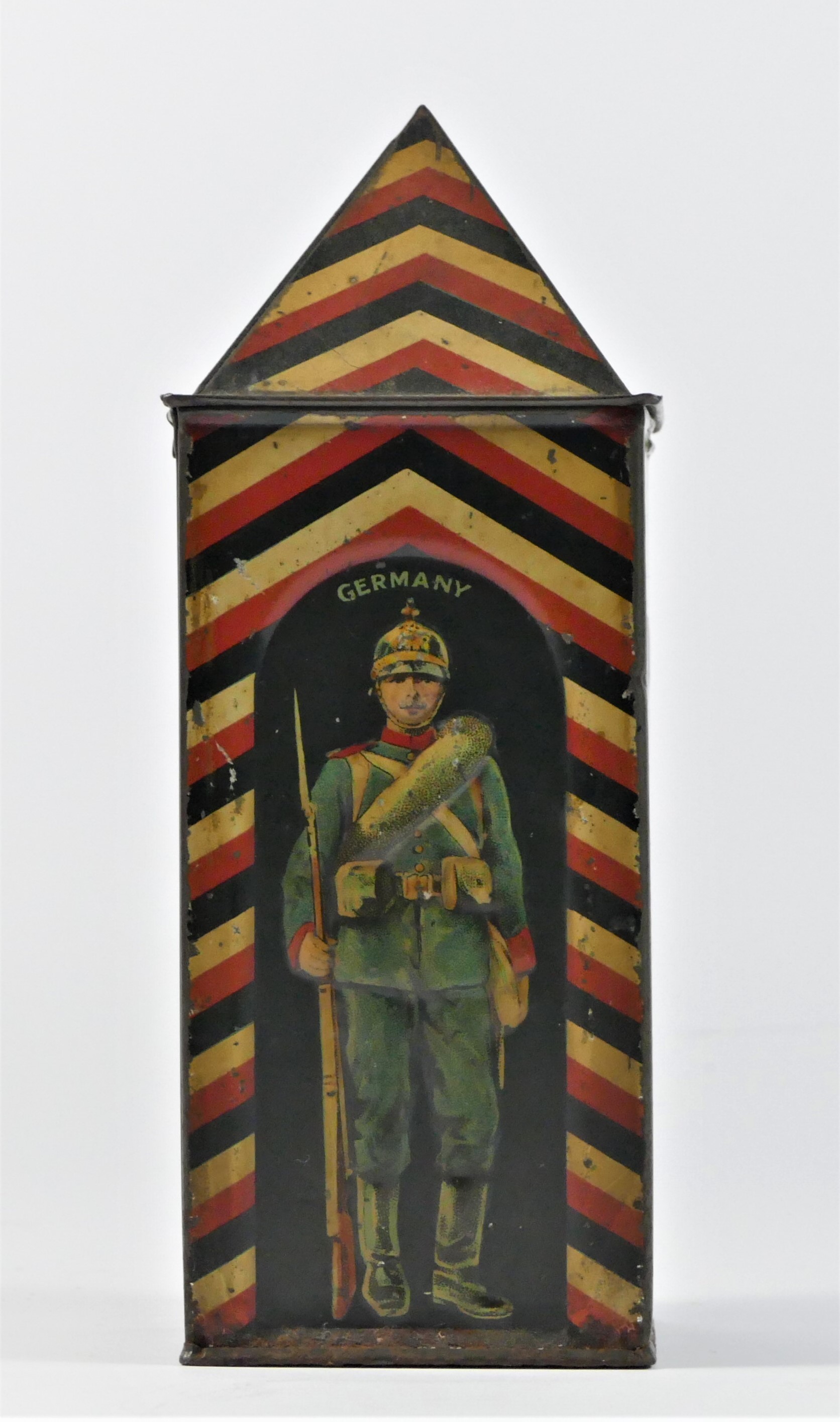 An early 20th century Huntley & Palmer Biscuit Tin, modelled as a sentry box, each face depicting