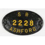 Southern Railways builders plate, SR2228, Ashford. 25 x 15cm.