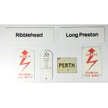 Six sundry railway items, two plastic station signs, Ribblehead and Long Preston, both on Settle