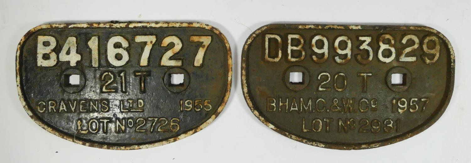 Two cast iron 'D' railway wagon plates, Cravens Ltd 1955, B416727 and Birmingham C&W Ltd 1957 20T