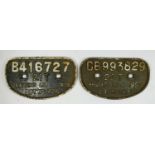Two cast iron 'D' railway wagon plates, Cravens Ltd 1955, B416727 and Birmingham C&W Ltd 1957 20T