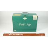 BR First Aid tin, with contents, 35 x 25 x 13cm and a narrow metal sign 'No Smoking' 69 x 5cm. (2)