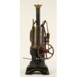 A Bing vertical live steam boiler, impressed post 1923 makers mark, green and black tin plate,