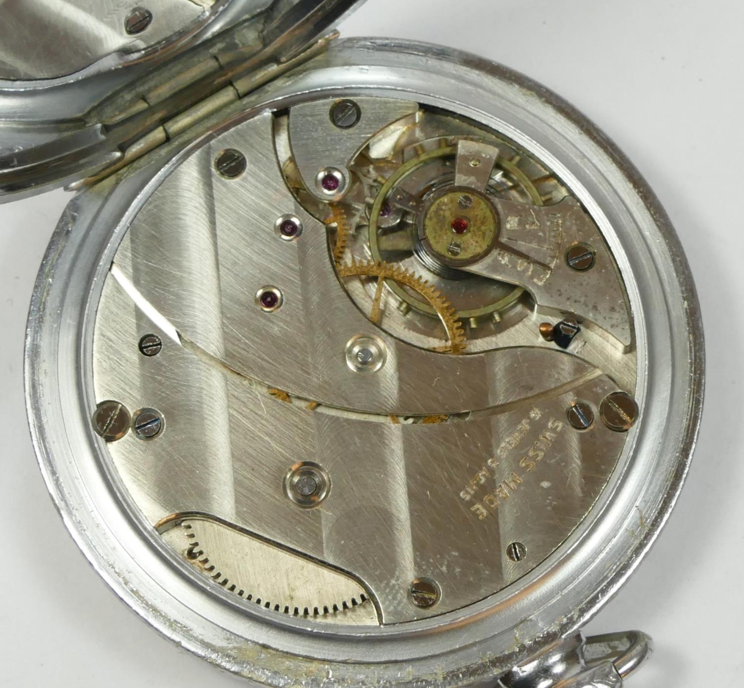 A 1940's chrome plated open face keyless wind pocket watch, contained in a burr walnut desk case. - Image 6 of 6
