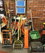 A collection of garden tools and equipment to include a Flymo Vac, Flymo strimmers, electric and
