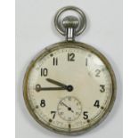 A War Department chrome plated open face keyless wind pocket watch, engraved broad arrow over G.S.