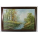 20th Century British school, stags by a river - 60cm x 90cm, another river scene 46cm x 56cm and a