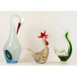 A Murano style art glass model of swan, 36cm tall, together with two glass art sculptures of