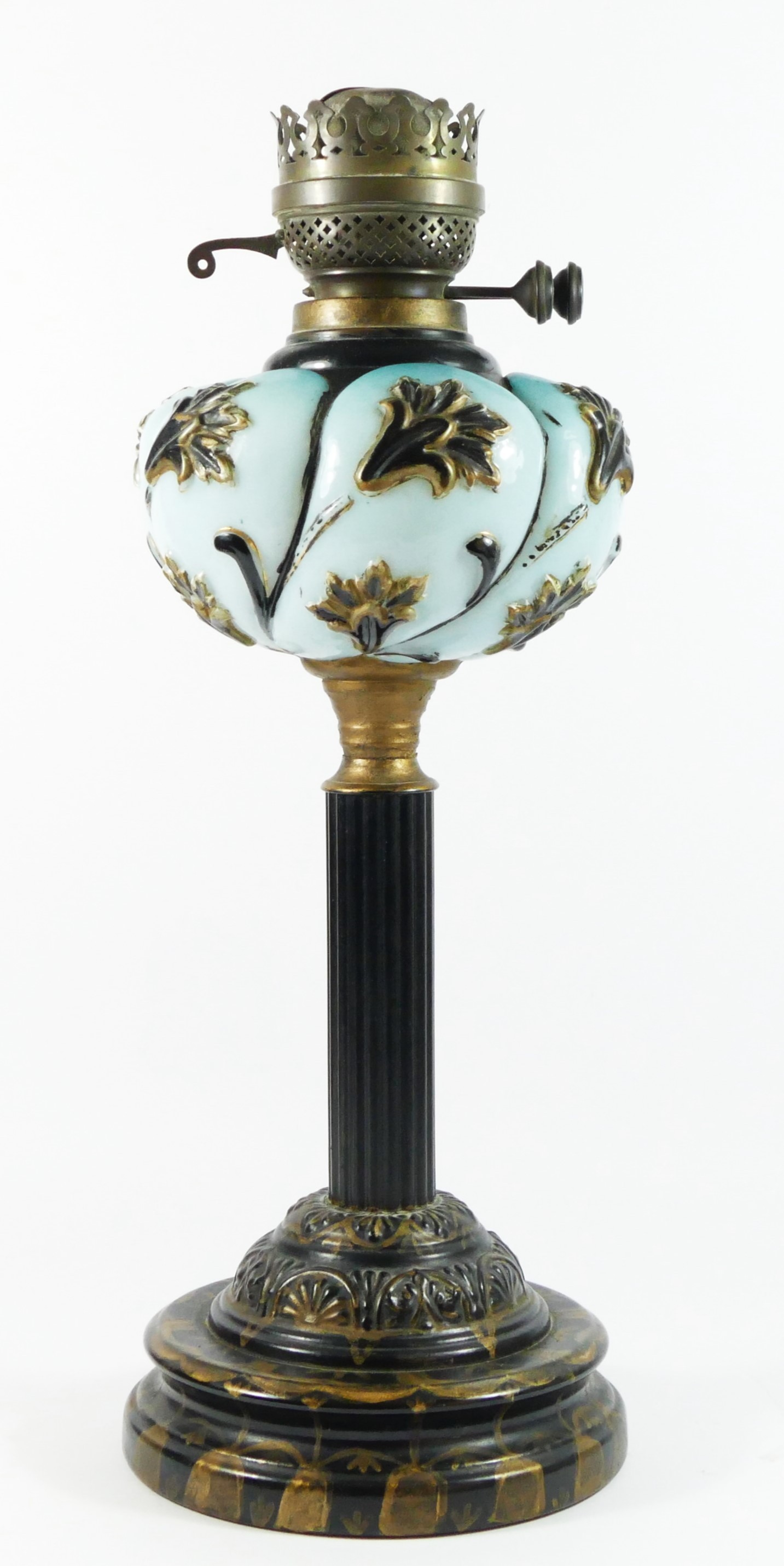 Louis Philipe style French oil lamp, brass column with opaline blue globe, raised on a stepped