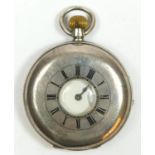 A Swiss silver half hunter keyless wind pocket watch, .935 standard, engraved R. Fox, 50mm.