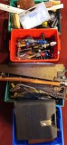 Four boxes of hand tools to include wood bits, spanners, drills, saws, screw drivers and hydraulic