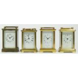 Two English 8 day carriage clocks, enameled dials with roman numerals, together with two French