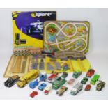 A selection of toys to include play worn Die-Cast models, scalextric accessories and a tinplate