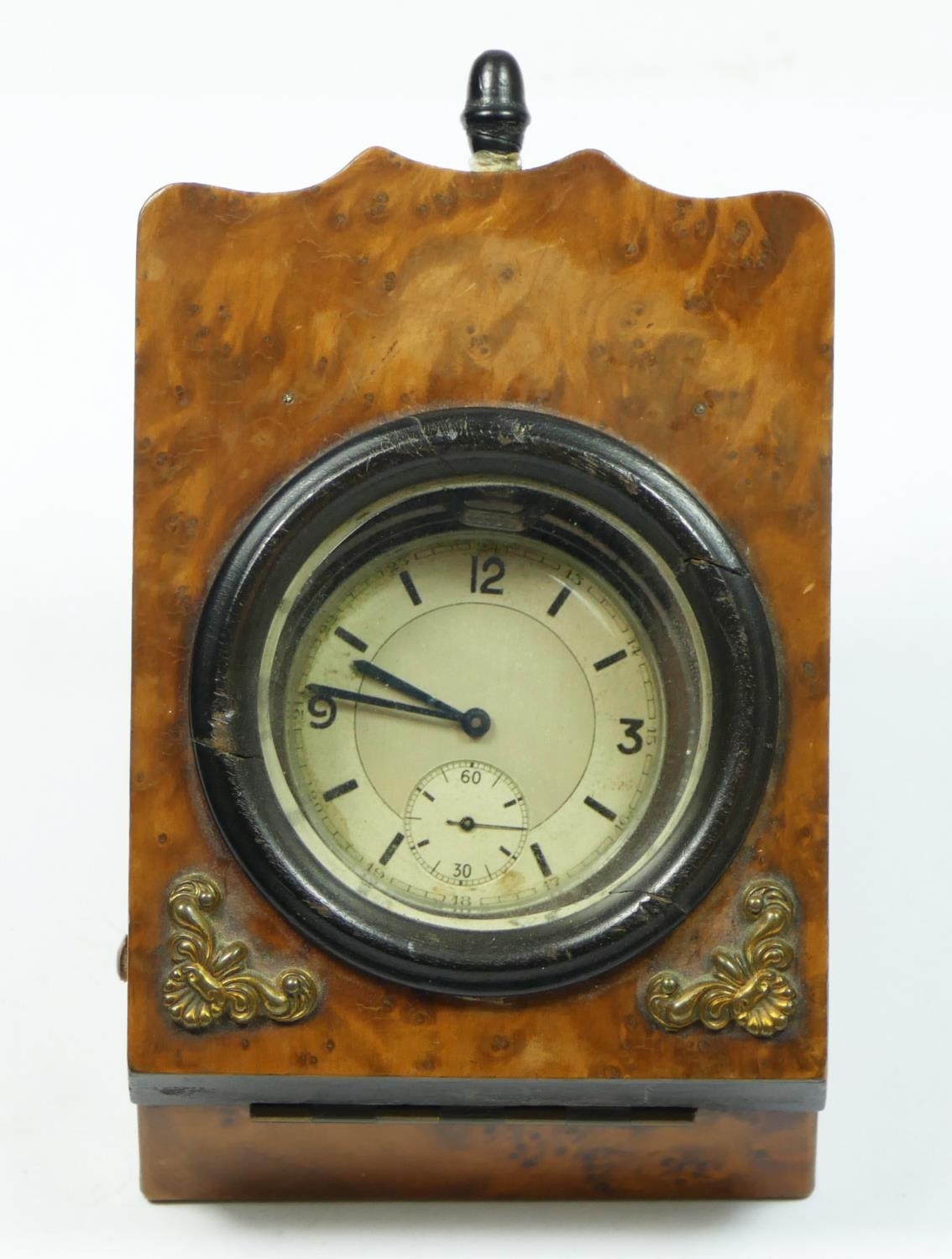 A 1940's chrome plated open face keyless wind pocket watch, contained in a burr walnut desk case.