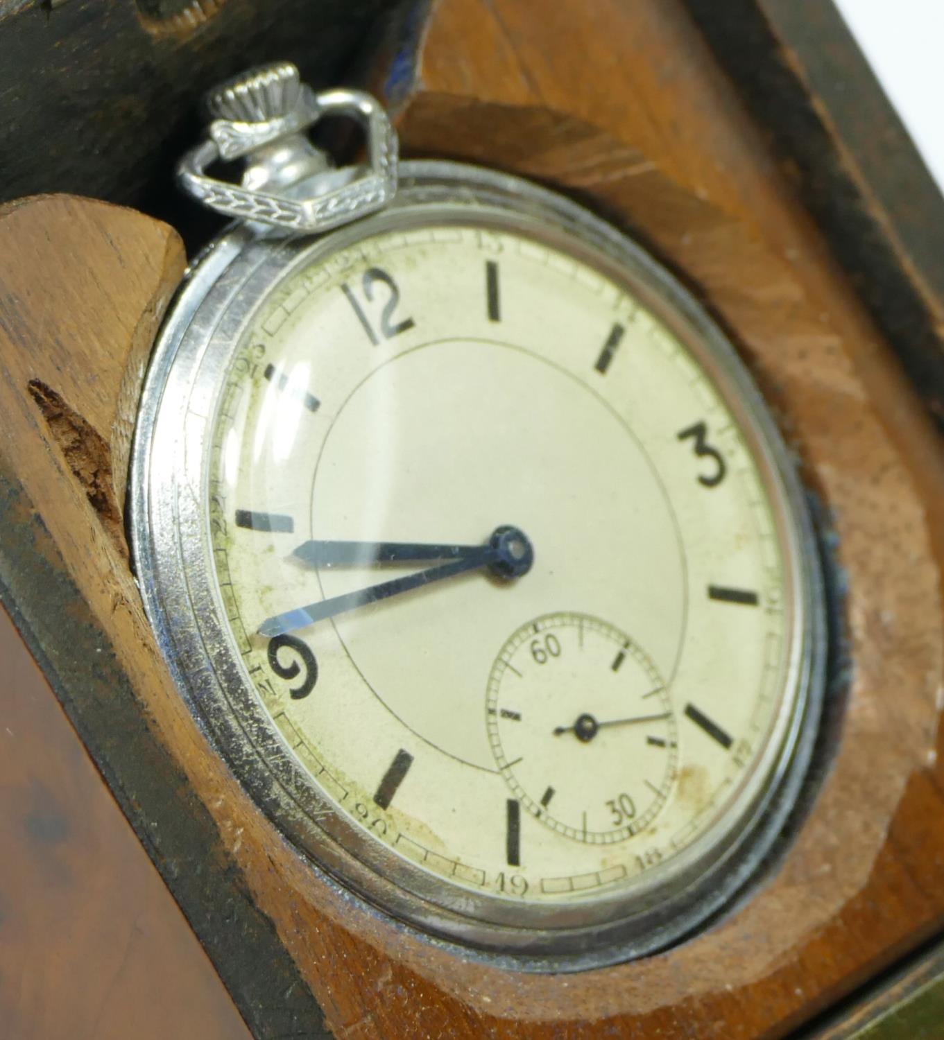 A 1940's chrome plated open face keyless wind pocket watch, contained in a burr walnut desk case. - Image 3 of 6