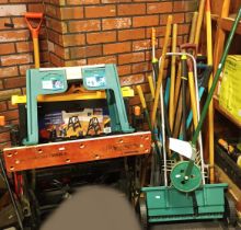 A selection of garden hand tools and accessories, together with a workmate bench, garden kneeler and