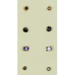 A 9ct gold and sapphire pair of ear studs, a tanzanite pair, a garnet pair and another pair, 2.1gm