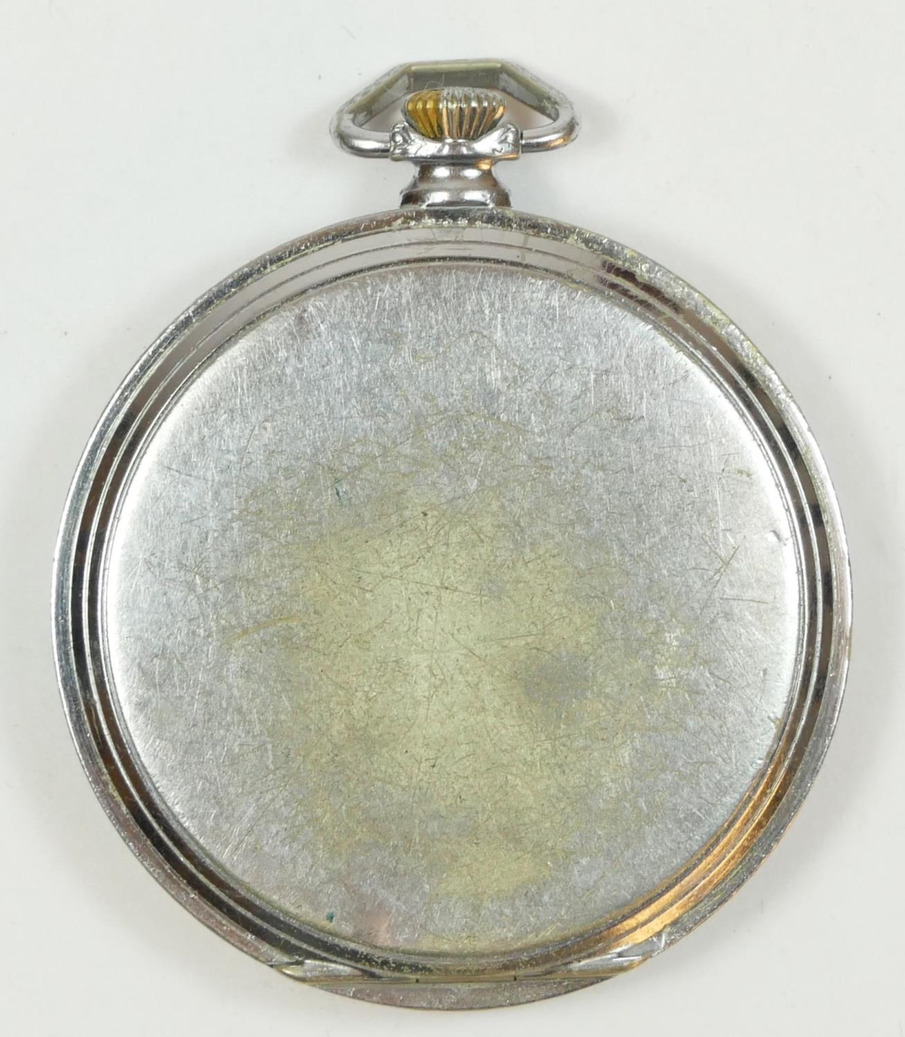 A 1940's chrome plated open face keyless wind pocket watch, contained in a burr walnut desk case. - Image 5 of 6