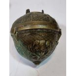 A late 19th century brass ceiling lamp weight, probably French, with ceiling mask decoration,