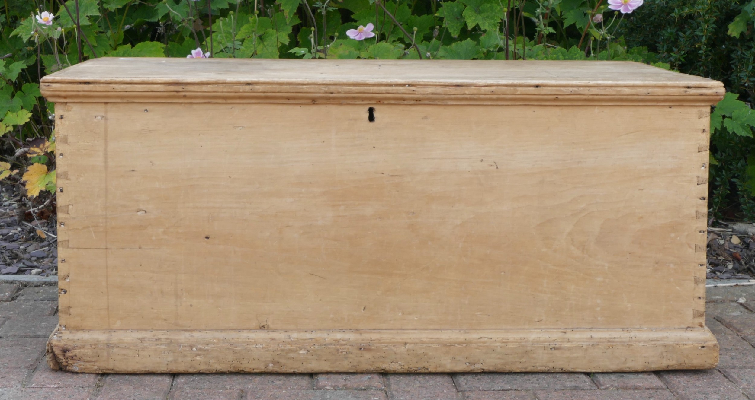 A Victorian stripped pine blanket box, hinged paneled lid opening to reveal two fitted candle - Image 4 of 5