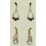 A pair of 9ct gold sapphire and diamond ear rings and a blue topaz and diamond pair, 3.2gm