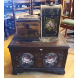 A French Decoupage chest within a chest, hand painted with roses, 62 x 16cm, together with a small