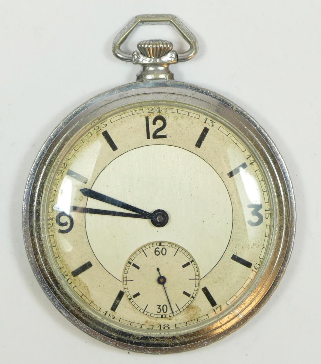 A 1940's chrome plated open face keyless wind pocket watch, contained in a burr walnut desk case. - Image 4 of 6